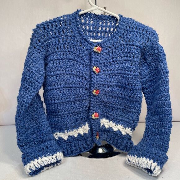 THOMAS THE TANK ENGINE BUTTONS ON A BLUE AND WHITE CARDIGAN SIZE 2T HANDMADE NEW - Picture 1 of 4